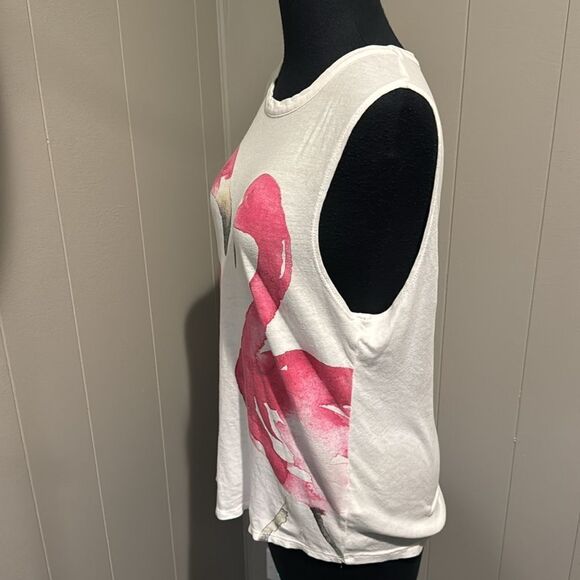 Chaser white cotton muscle tank top with painted flamingos. Large. - Picture 4 of 6